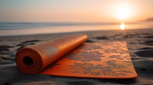 Orange yoga mat rolled on sandy beach with ocean and sunset exercise wellness