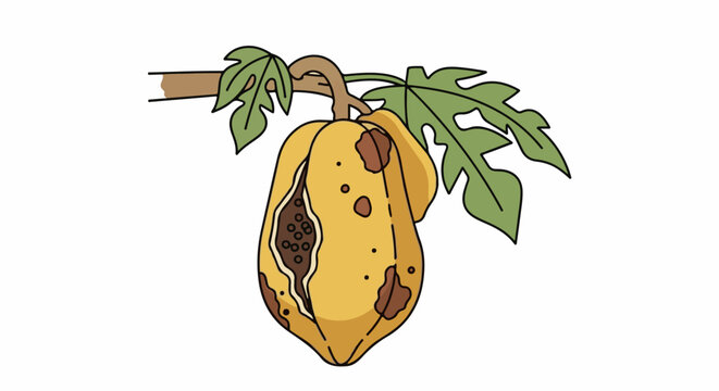 A damaged papaya fruit hangs from a leafy branch