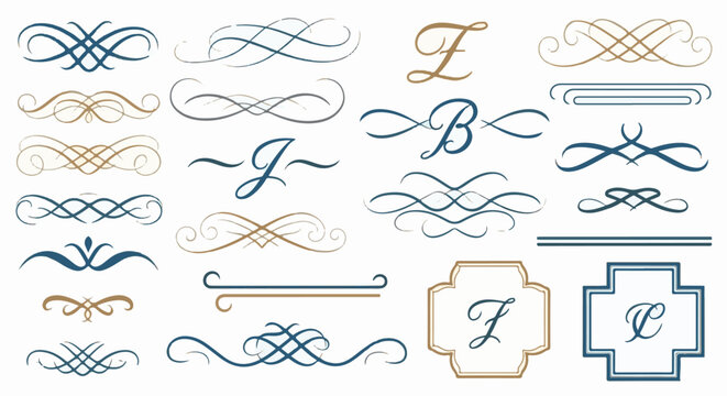 Elegant decorative flourishes and monograms in blue and gold