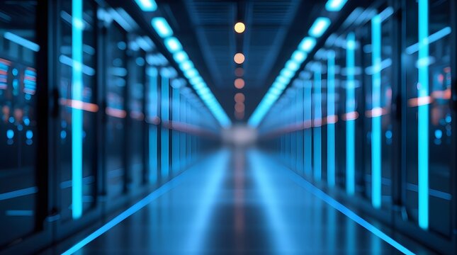 Futuristic data center server room corridor with abstract neon light technology background