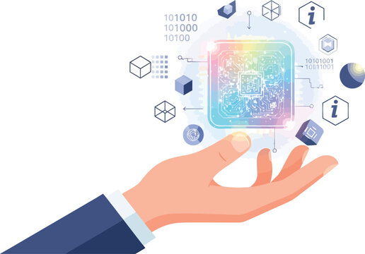 Hand in a formal suit sleeve supports a glowing holographic processor chip surrounded by binary code and analytical icons to signify technological advancement.