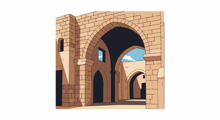 Fototapeta premium Ancient stone arches create a shaded courtyard with glimpses of sky