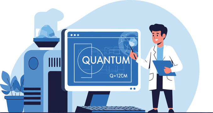 Scientist presents quantum computing research on a large computer monitor while standing in a modern laboratory setting.