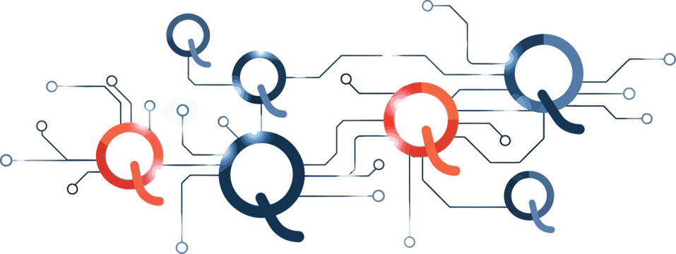 Letter Q icons connected by a digital circuit board represent the foundational elements of quantum computing and information technology.