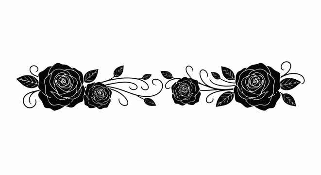 Decorative black roses and leaves border with swirling vine elements