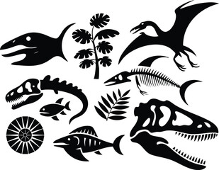 Stylized Prehistoric Vector Composition Featuring Dinosaur Skulls, Ammonite, Fish Fossils, Pterosaur, and Palm Leaves in Silhouette Style © Anukul