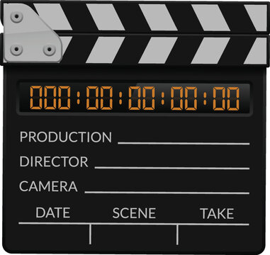 A black movie clapperboard with white and black stripes on the top, featuring a digital timer displaying zeros and blank fields for production, director, camera, date, scene, and take.