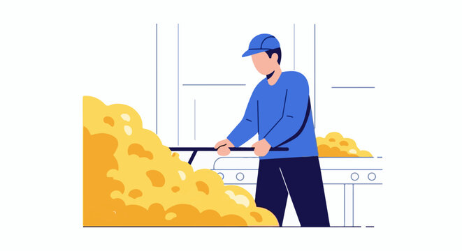 Worker processes large batch of yellow material on conveyor belt