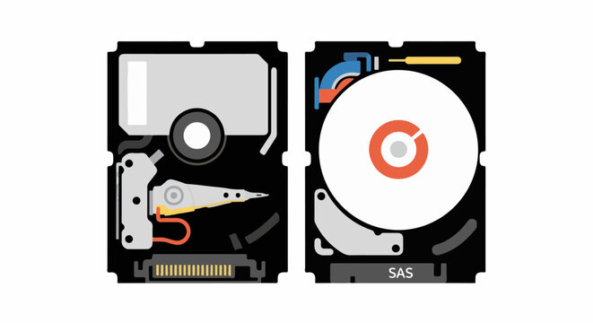 Illustration of a disassembled hard disk drive with internal components