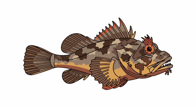 A brown, camouflaged fish with orange-tipped fins and spiky dorsal fins
