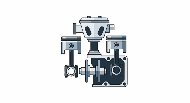 Stylized illustration of a two-cylinder internal combustion engine's internal mechanism