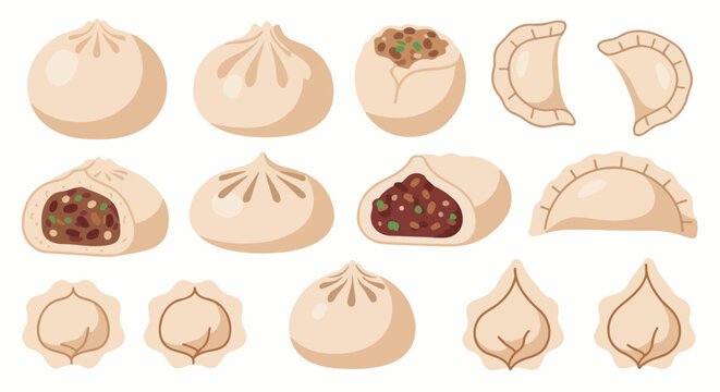 A collection of various steamed dumplings and buns with filling shown
