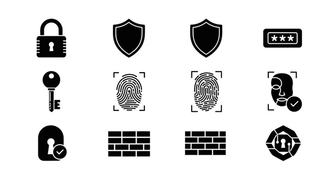 Security icons set including padlock key and fingerprint on transparent background