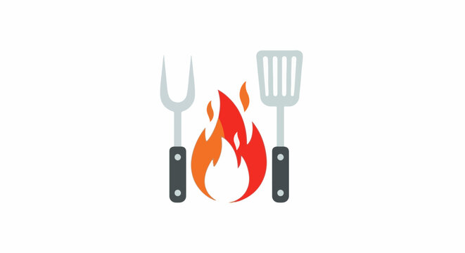 A grill fork and spatula flank a vibrant, stylized flame on a white background