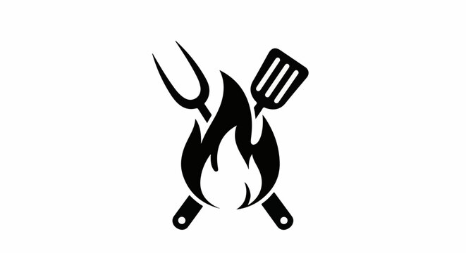 A black and white graphic icon of grilling tools crossed over flames