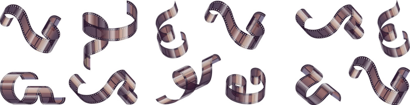 Curling black film strip with perforations on white background