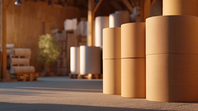 Workers hand-fold kraft paper into custom cushioned mailers beside towering rolls of recycled brown paper, warm workshop light casting long afternoon shadows on textured floors, ideal for