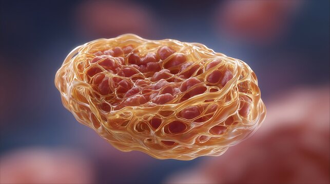 Cultivated chicken nugget cross-section on a lab slide under magnification, muscle fiber scaffolding visible, amber and rose tones, clinical gloves in frame, ideal for cultured poultry, alternative