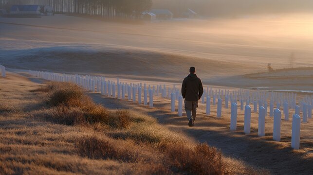 Rows of white memorial markers disappear into early morning mist, a lone bugler silhouette standing at the far end, ideal for war memorial tribute, national remembrance, and modern solemnity theme