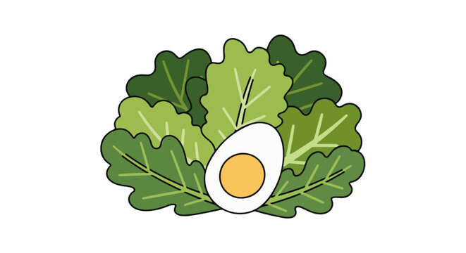Illustration of a boiled egg in a bed of green lettuce leaves