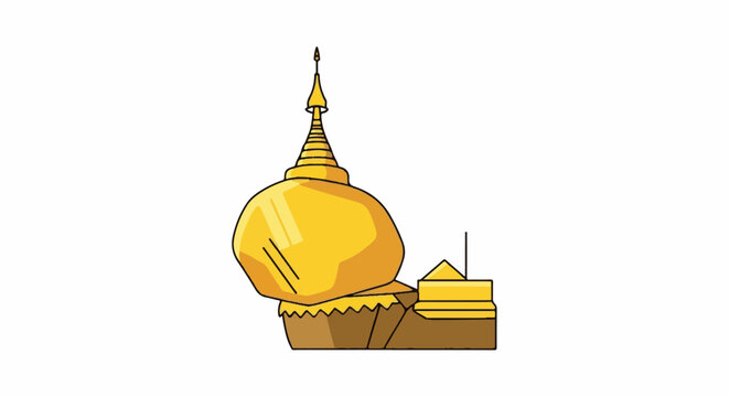 Stylized golden Buddhist temple with layered spire and intricate base