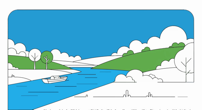 A stylized, flat illustration of a boat sailing on a blue river