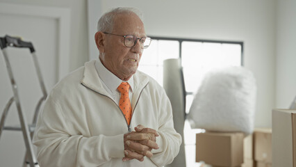 Fototapeta premium Elderly man, grey-haired and wearing glasses and an orange tie, gestures with hands while tossing packing foam amid moving boxes and a ladder inside a building; frustration.