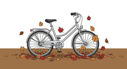 Fototapeta premium Vintage Bicycle Surrounded by Falling Autumn Leaves, Outdoor Scene