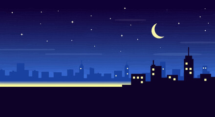 Pixel Art Cityscape at Night with Crescent Moon and Stars © Leo