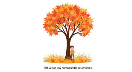 Tiny person under a vibrant autumn tree with colorful leaves, flat vector illustration © Kuri