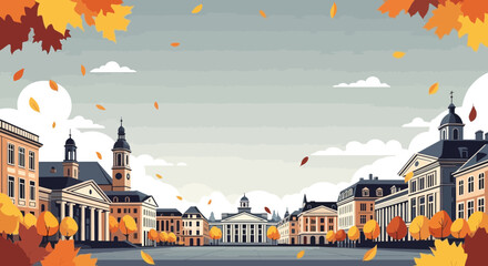 Autumnal cityscape with falling leaves and historic European buildings © Leo