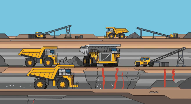Mining Operation with Trucks, Conveyors, and Excavators in Open Pit Mine