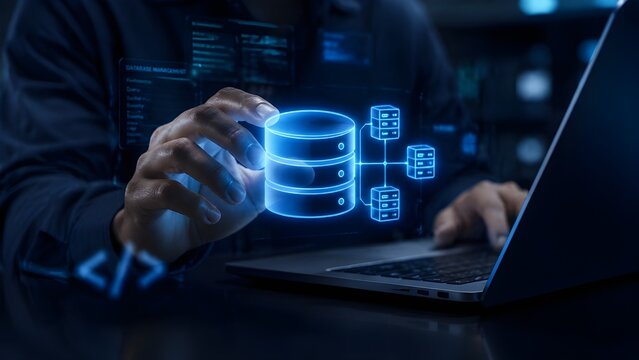 IT professional accessing secure digital database server on virtual interface