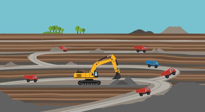 Construction Excavator and Trucks in Open Pit Mine, Earth Moving and Transportation