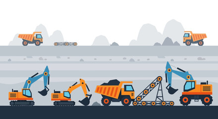 Mining Operation: Excavators, Dump Trucks, and Conveyor Belt in Quarry © Leo