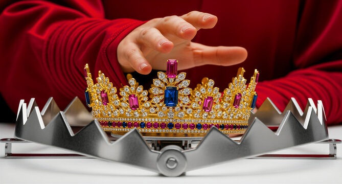 Hand reaching for a gold crown set inside a sharp metal bear trap. A person in red attempts to grab royal jewelry representing a dangerous temptation. Power trap and risk management concept.