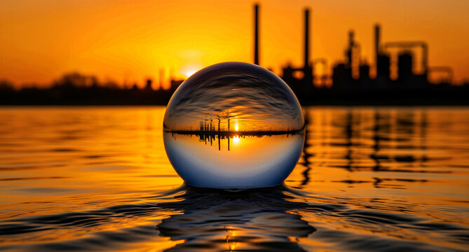 Crystal sphere reflecting industrial factory at sunset on water. Power plant silhouette is inverted within the glass ball against an orange sky. Energy concept for climate change and sustainability.
