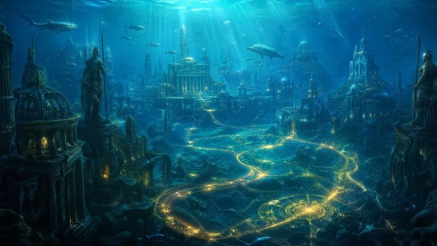 Submerged Atlantean cityscapes with ancient glowing migration paths beneath rippling water.
