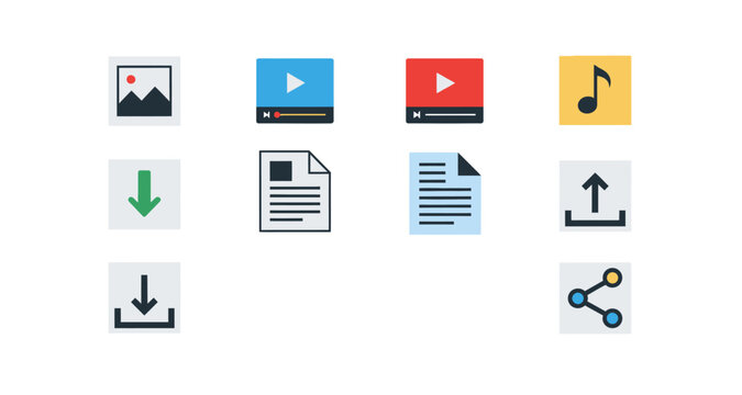 Set of media and editing icons on transparent background