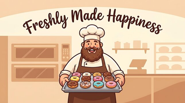 Vector illustration of bakery chef holding donuts, text &ldquo;Freshly Made Happiness&rdquo;