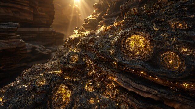 Fossilized microbial patterns glow in ancient rock, lit by primal sunlight.