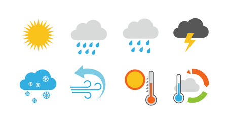 Obraz premium Weather icons set including sun rain snow and temperature on transparent background
