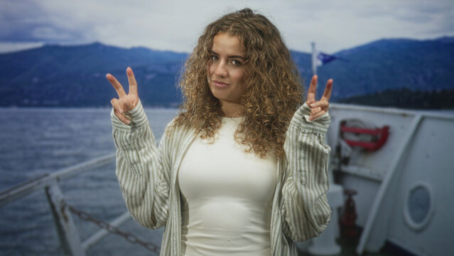 Woman on boat deck making double peace sign with hands, wearing white tshirt and striped sweater near lifebuoy and mountains, studio; playful.
