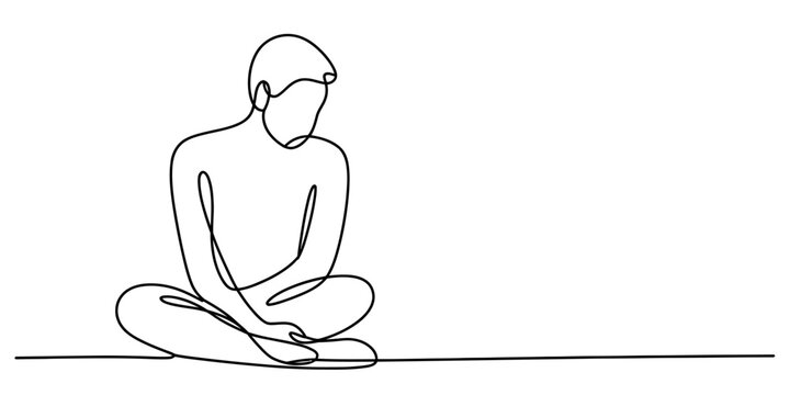 Man sitting and thinking in a simple one line drawing isolated on white background, Vector