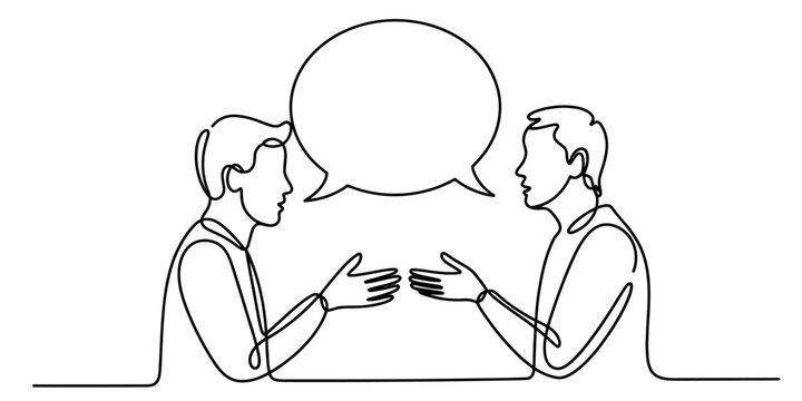 Two men talking with a speech bubble line art illustration isolated on white background, Vector