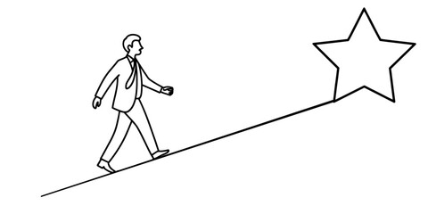 Fototapeta premium Businessman walking up a line to reach a big star isolated on white background, Vector