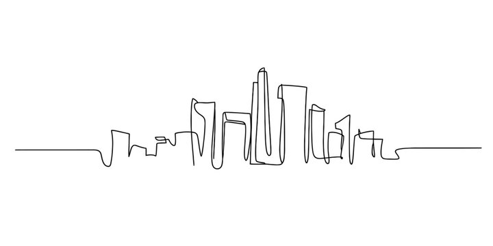 Continuous single line drawing of a modern city skyline isolated on white background, Vector