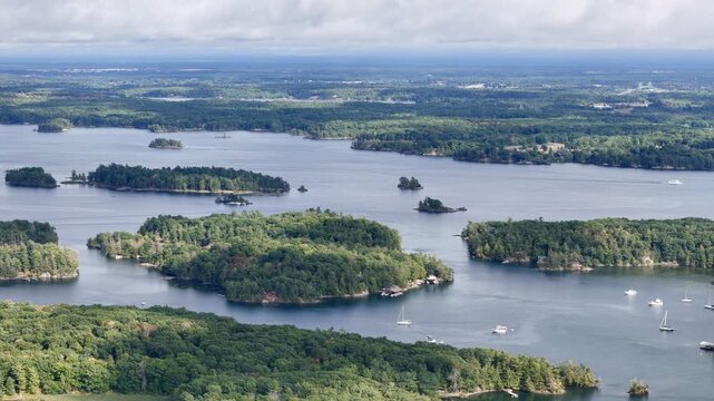 Aerial view of lush islands and blue water in the 1000 Islands region, St. Lawrence River, Canada. g
