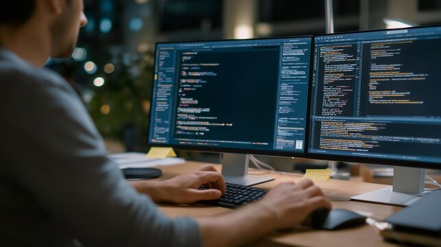 Developer pair-programming session where one screen shows handwritten pseudocode on a sticky note and the adjacent monitor displays AI-expanded full code, harsh fluorescent light overhead, perfect