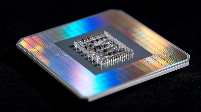Close-up of a single AI processor wafer reflecting rainbow interference patterns under inspection lighting, fine bond wires catching the gleam, placed on a black velvet surface, perfect for AI chip